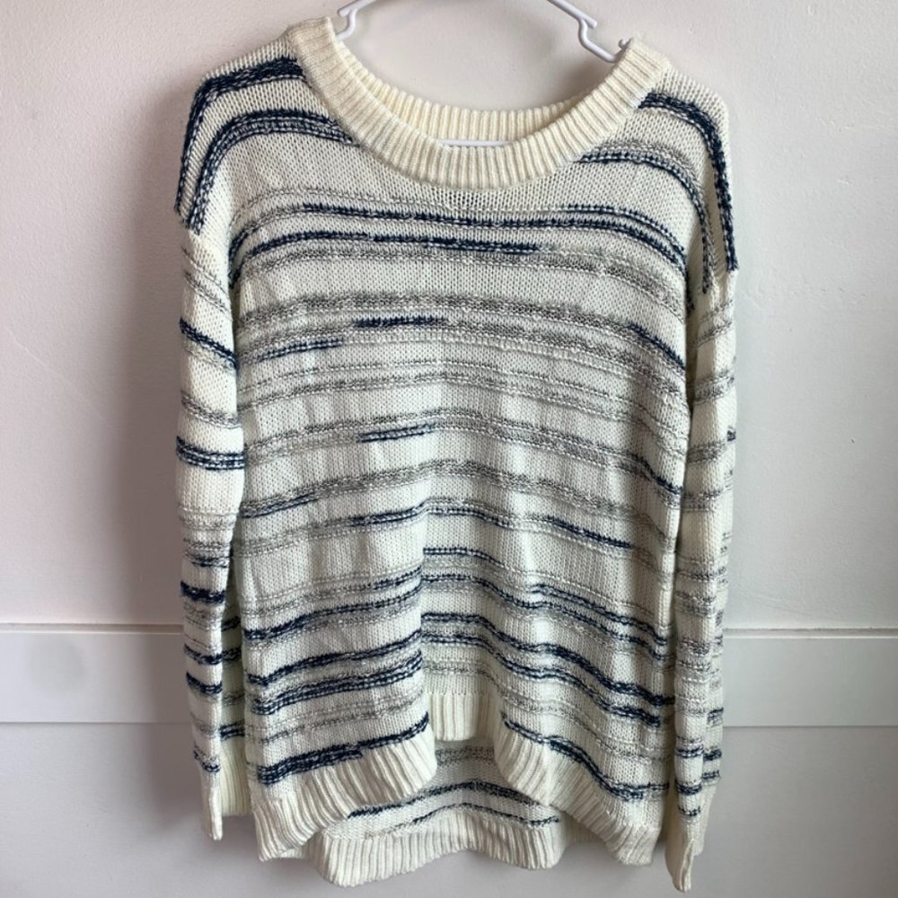 Calvin Klein Jeans Cream, Blue, & Gray Striped Crew Neck Sweater